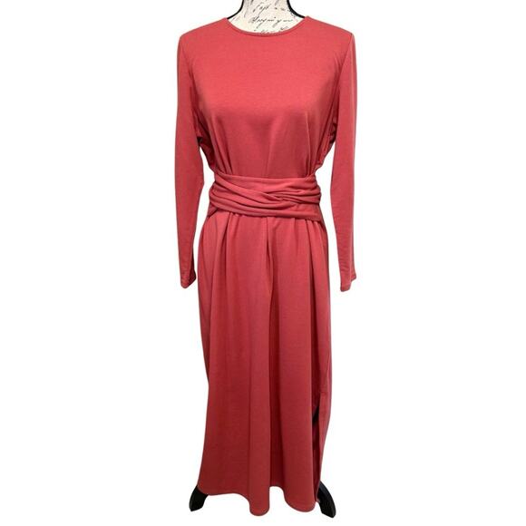 Pure Jill Tie Waist Maxi Dress L Petite Rust Affinity French Terry Side Slit NEW - Picture 1 of 12